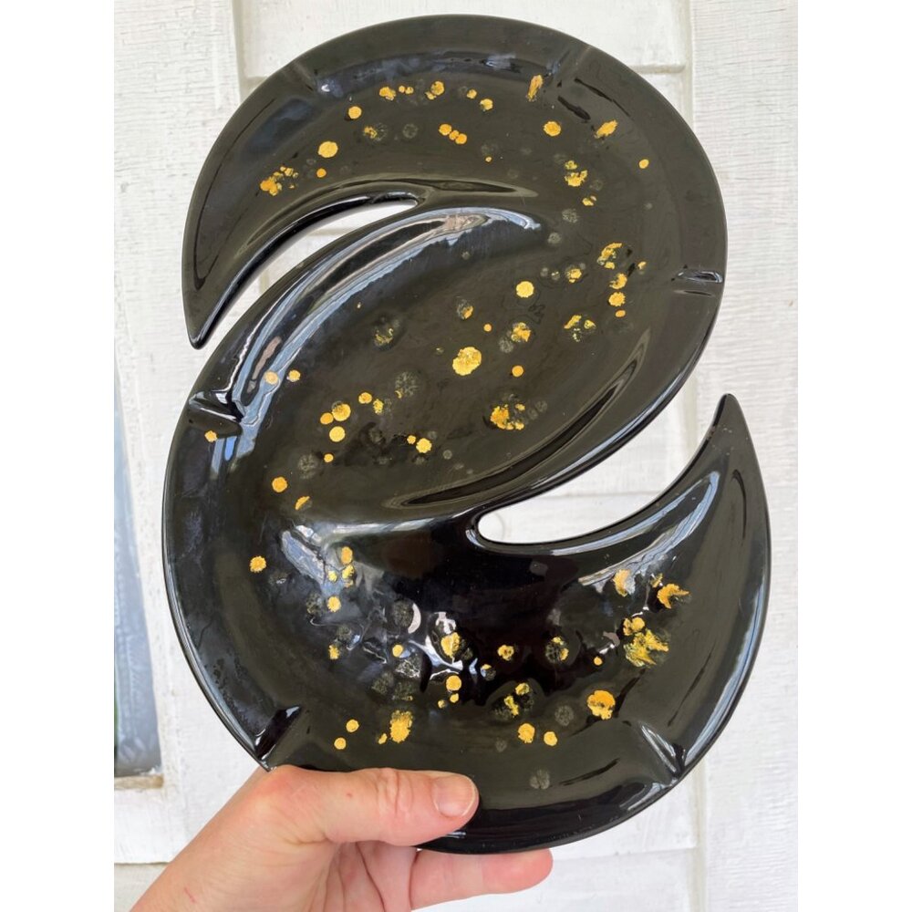 Vintage MCM Black/Gold Ceramic HUGE ashtray Boomerang Atomic 14x9" - Picture 8 of 13